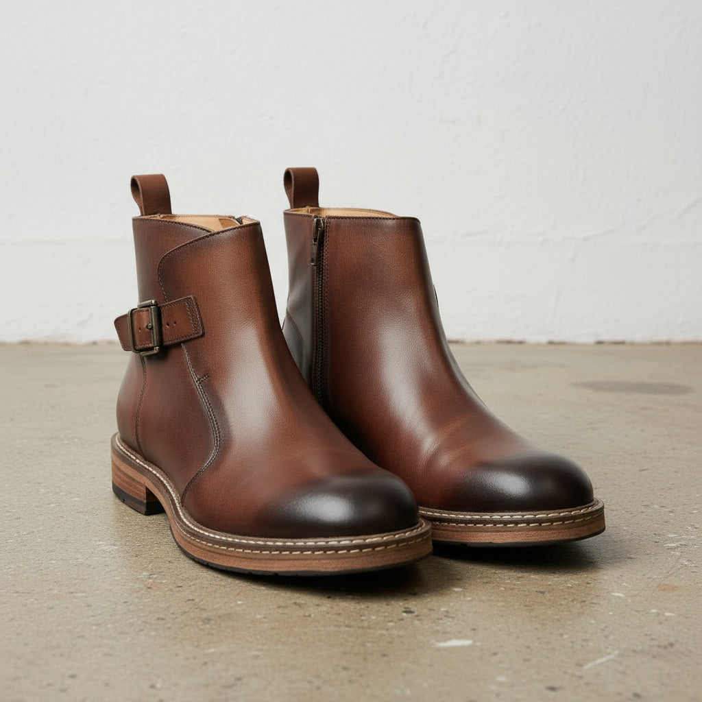 Handcrafted Full-Grain Leather Ankle Boots with Buckle Strap & Zipper