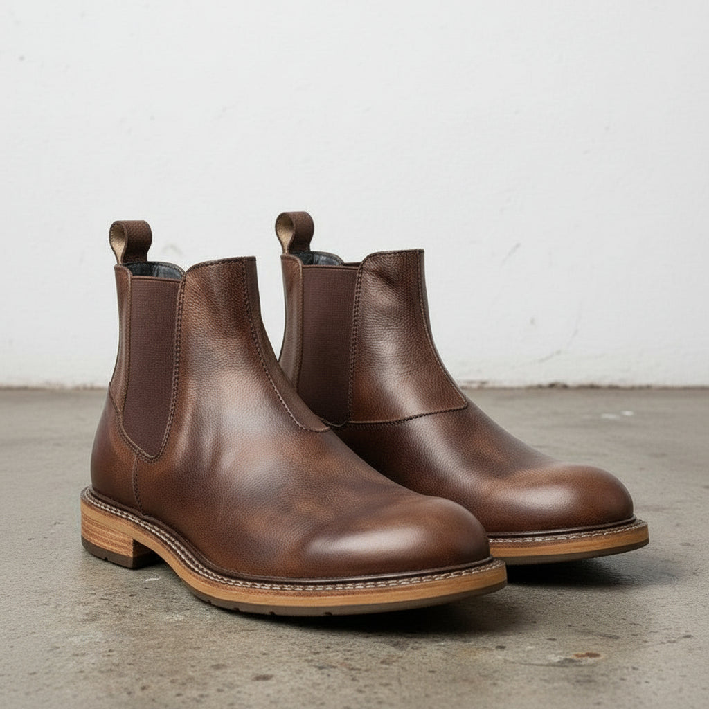 Men's Brown Rustic Leather Elastic Gore Chelsea Ankle Boots