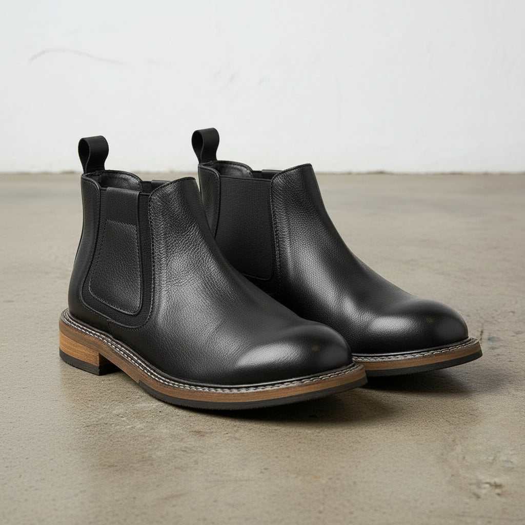 Men’s Black Full-Grain Leather Chelsea Boots, Stylish Casual & Business Wear