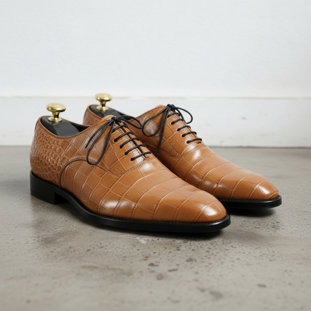 Men's Tan Crocodile-Embossed Leather Oxfords