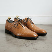 Men's Tan Crocodile-Embossed Leather Oxfords