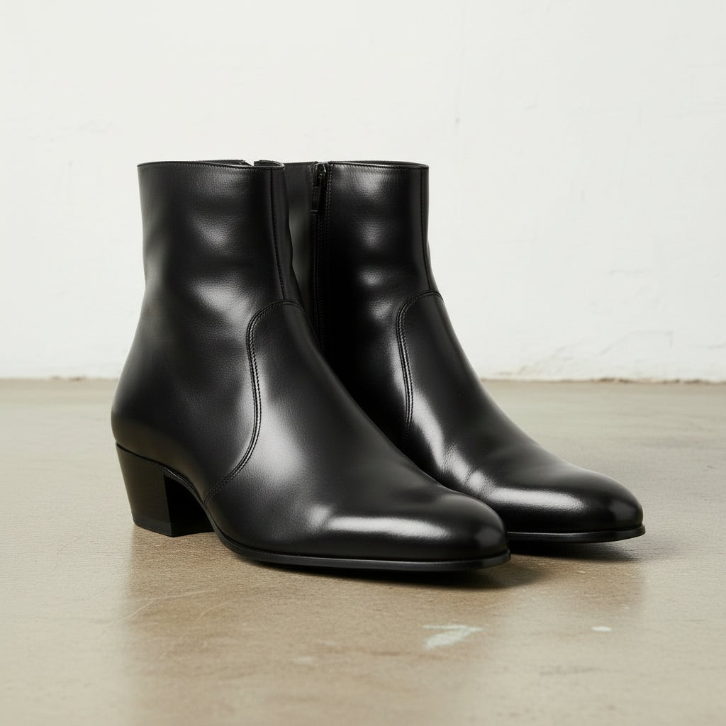 Men's Black High Heel Zipper Full-Grain Leather Dress Boots