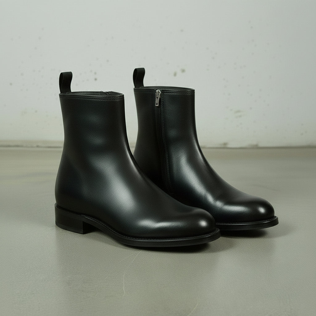 Men's Black Full-Grain Leather High Ankle Boots with Side Zippers