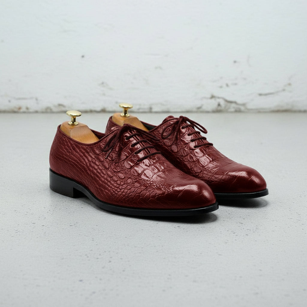Handcrafted Men's Burgundy Alligator Leather Oxford Shoes