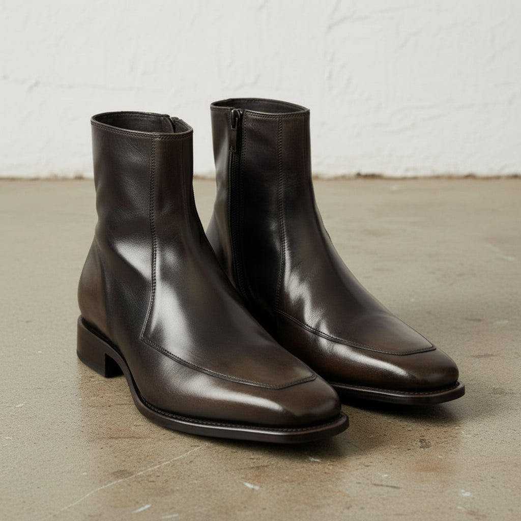 Men's Dark Brown Apron-Toe Leather Boots