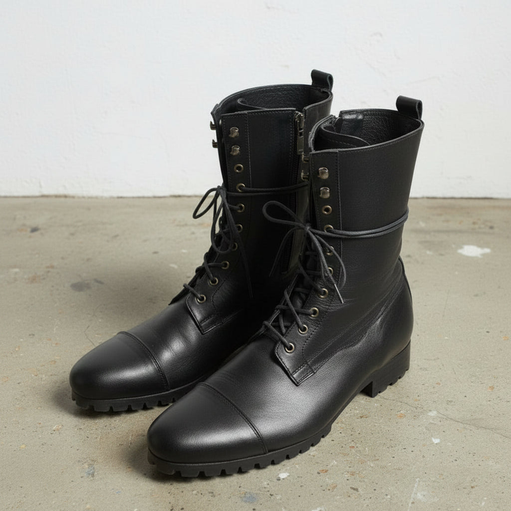 Men's Black Cap-Toe Leather Knee-High Lace-Up Boots