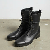 Men's Black Cap-Toe Leather Knee-High Lace-Up Boots