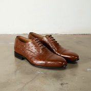 Men's Brown Cap-Toe Ostrich-Embossed Leather Oxfords