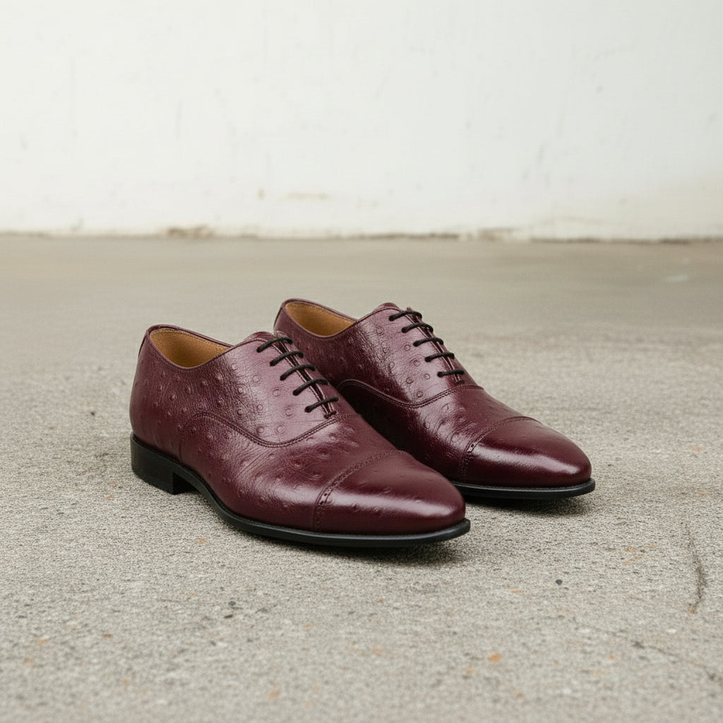 Men's Burgundy Cap-Toe Crocodile-Embossed Leather Oxfords — Blyth