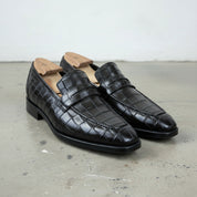Men's Black Alligator-Embossed Leather Penny Loafers