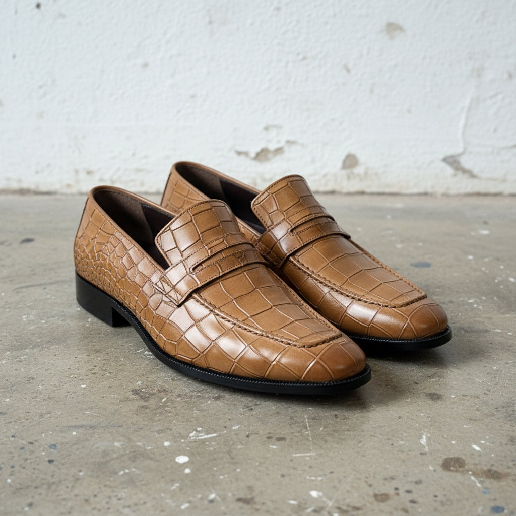 Men's Tan Alligator-Embossed Leather Penny Loafers