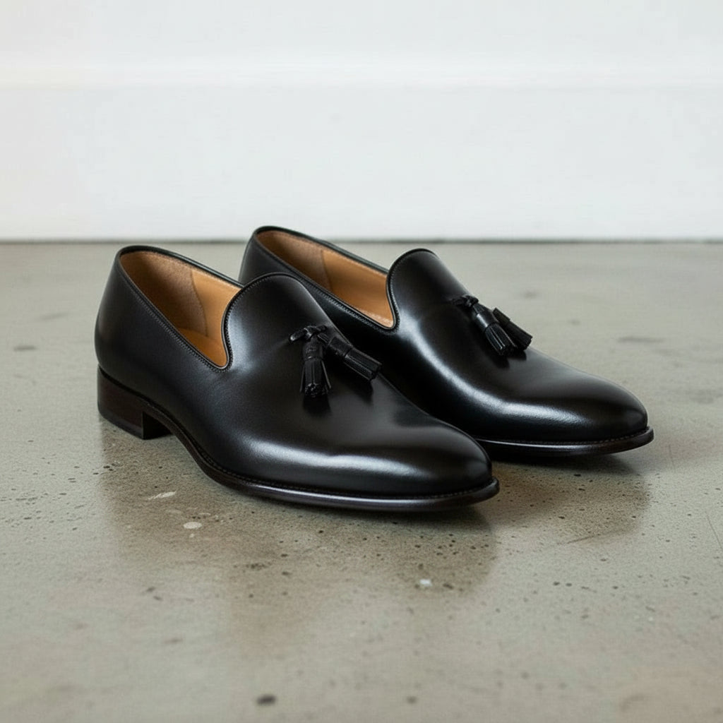 Men's Rich Black Tassel Loafer Handcrafted Calf Leather Dress Shoes