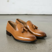 Men's Rich Tan Tassel Loafer Handcrafted Calf Leather Dress Shoes