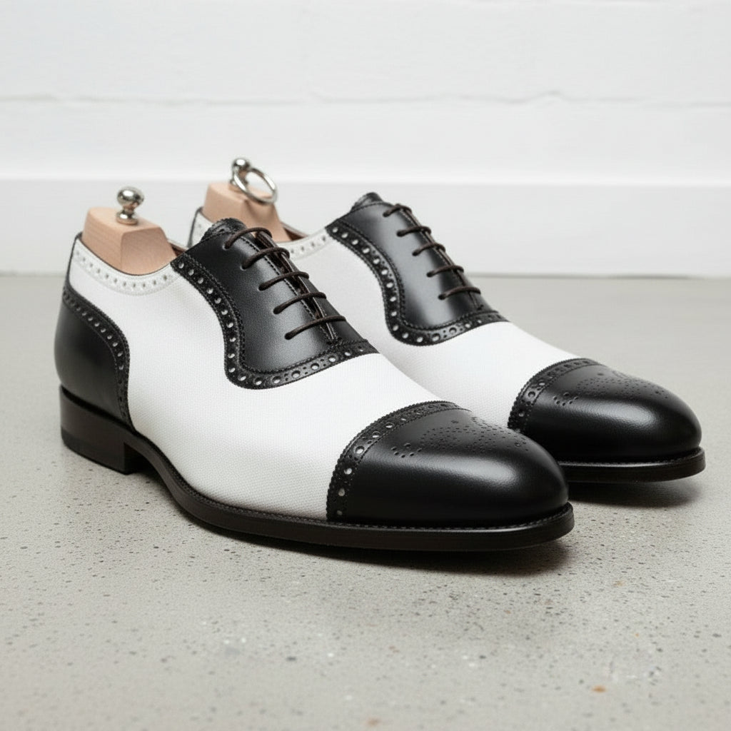 Handmade Mens Two Tone Formal Shoes, Black and White Spectator Shoes
