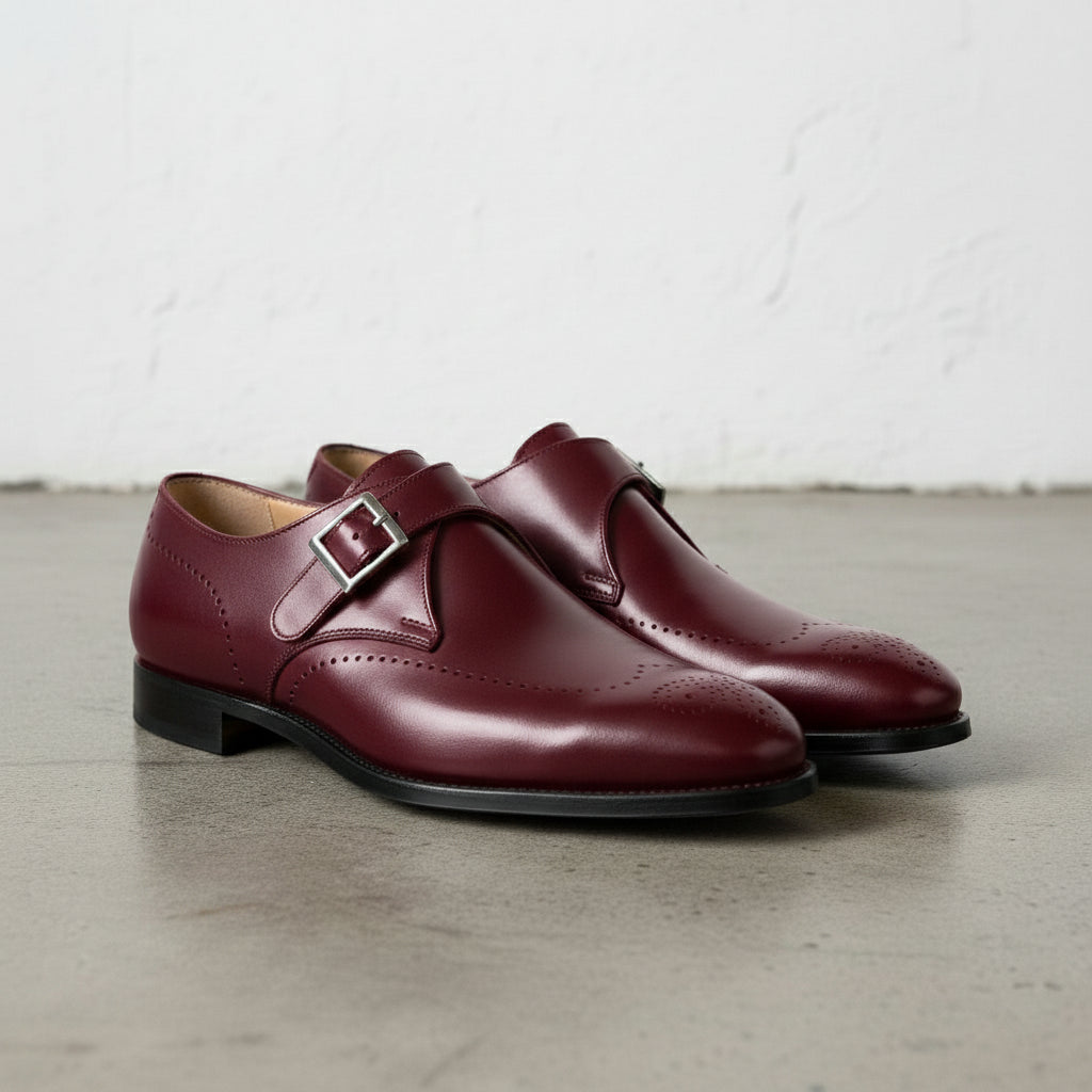 Men's Burgundy Plain-Toe Leather Monk Strap Shoes