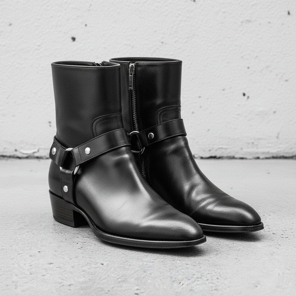 Men's Black Plain-Toe Leather Biker Boots