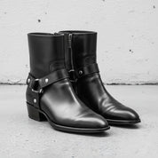 Men's Black Plain-Toe Leather Biker Boots