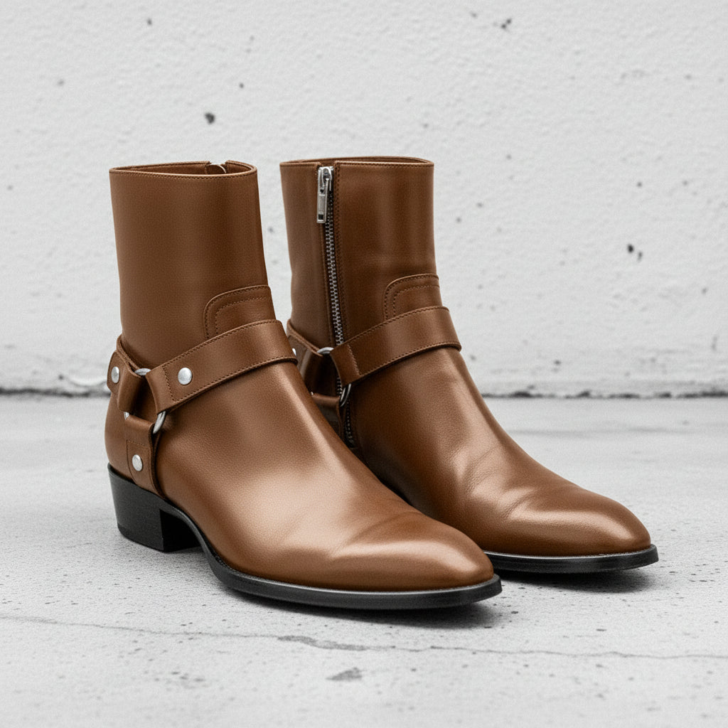 Men's Brown Plain-Toe Leather Biker Boots