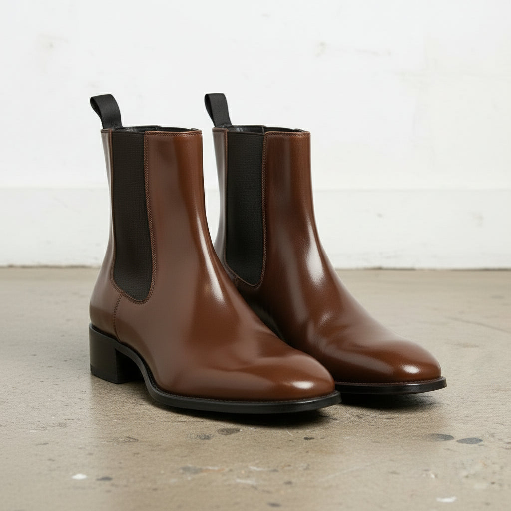 Men's Brown Plain-Toe Leather Chelsea Boots