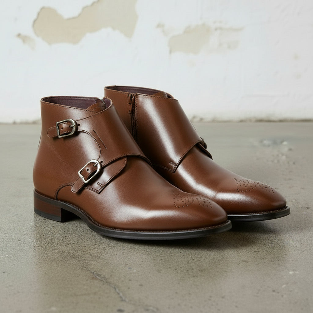 Men's Brown Plain-Toe Leather Double Monk Boots