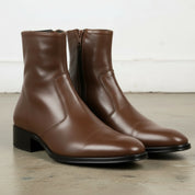 Men's Brown Plain-Toe Zip Leather Ankle Boots