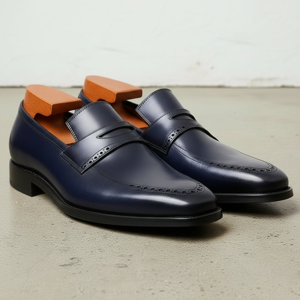 Men's Dark Blue Cap-Toe Leather Penny Loafers