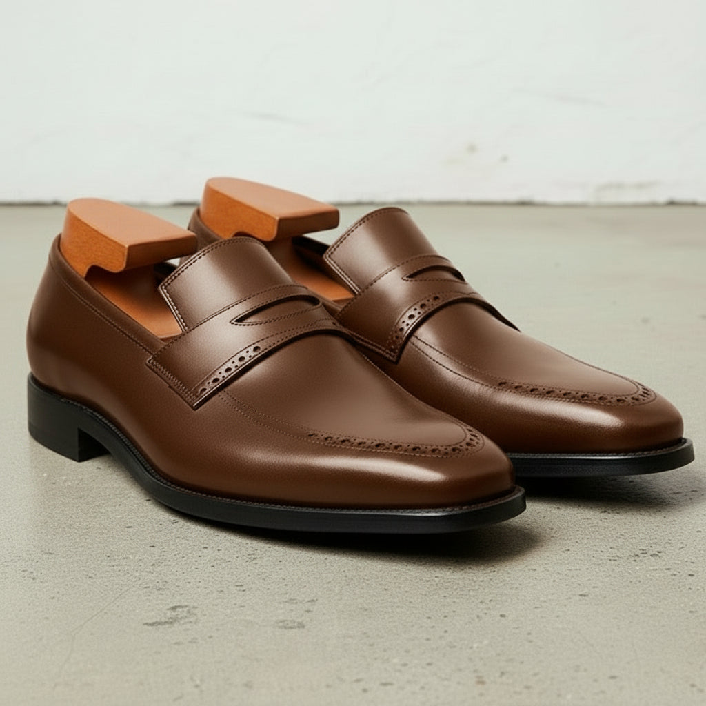 Men's Brown Cap-Toe Leather Penny Loafers