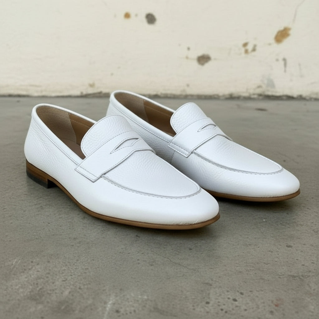 Men's White Pebbled Leather Penny Loafers