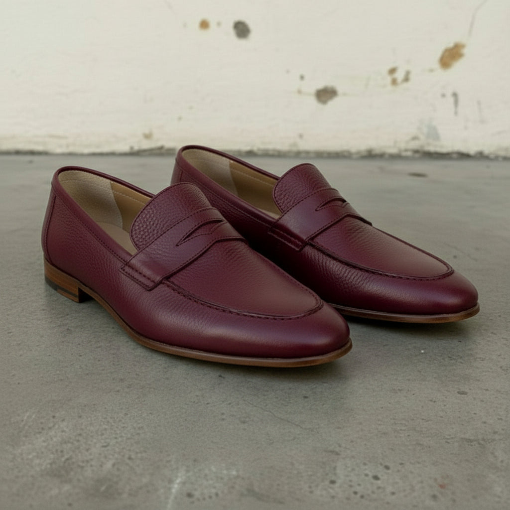 Handcrafted Men's Burgundy Leather Moccasin Loafers