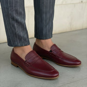 Handcrafted Men's Burgundy Leather Moccasin Loafers