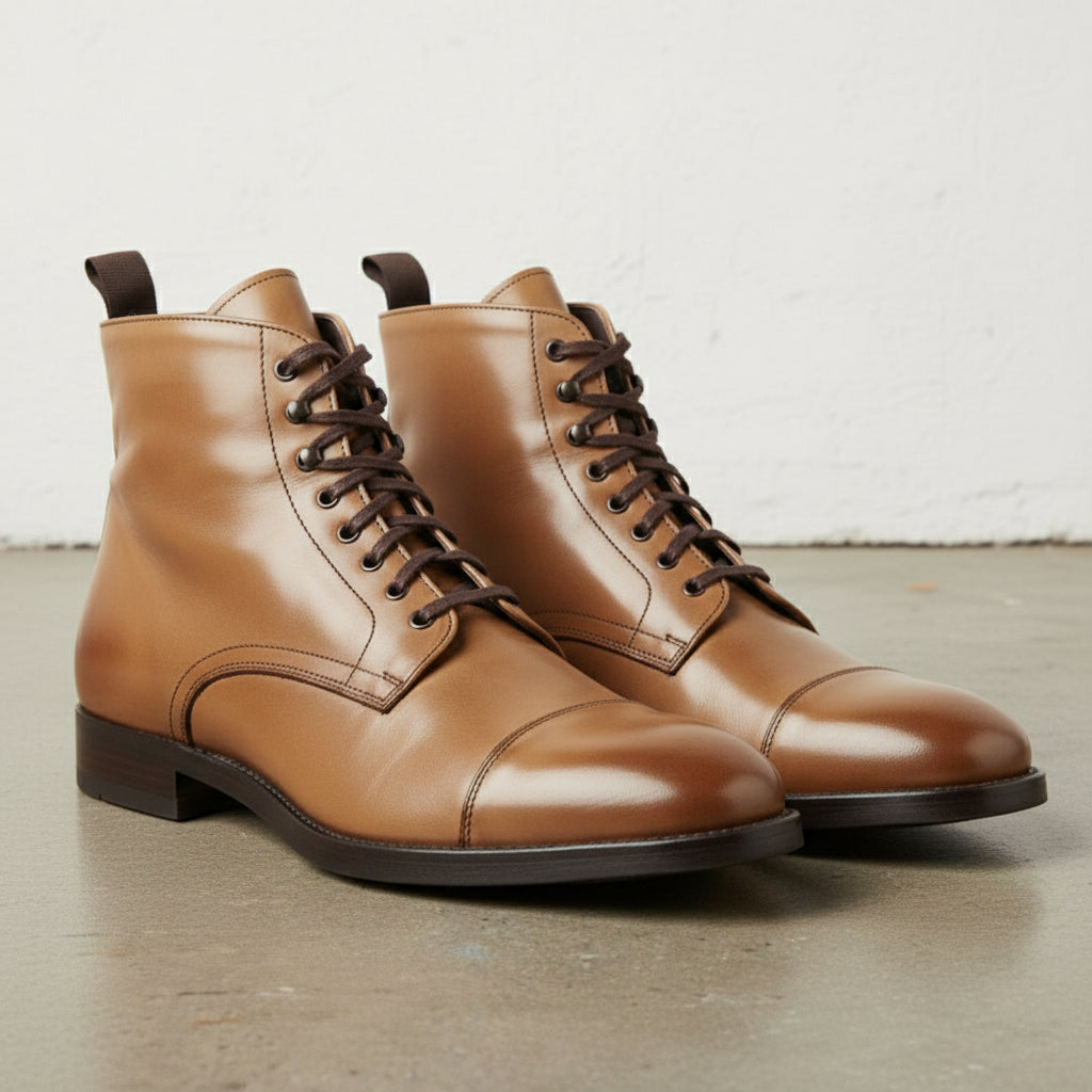 Men's Tan Cap-Toe Leather Ankle Boots