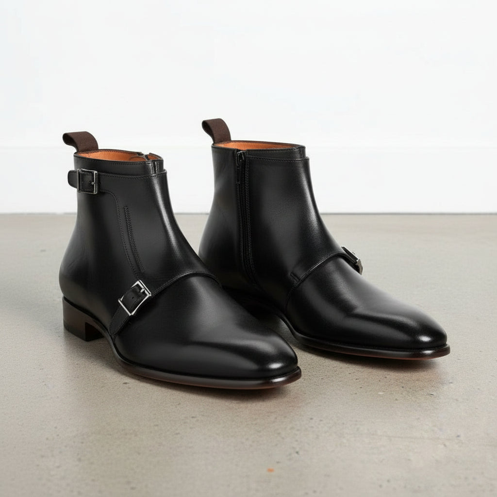 Men's Black Leather Monk Strap Boots