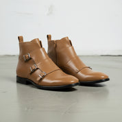 Men's Tan Leather Double Monk Ankle Boots