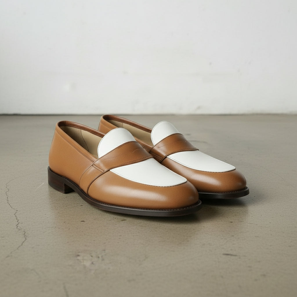 Men's Tan and White Leather Loafers