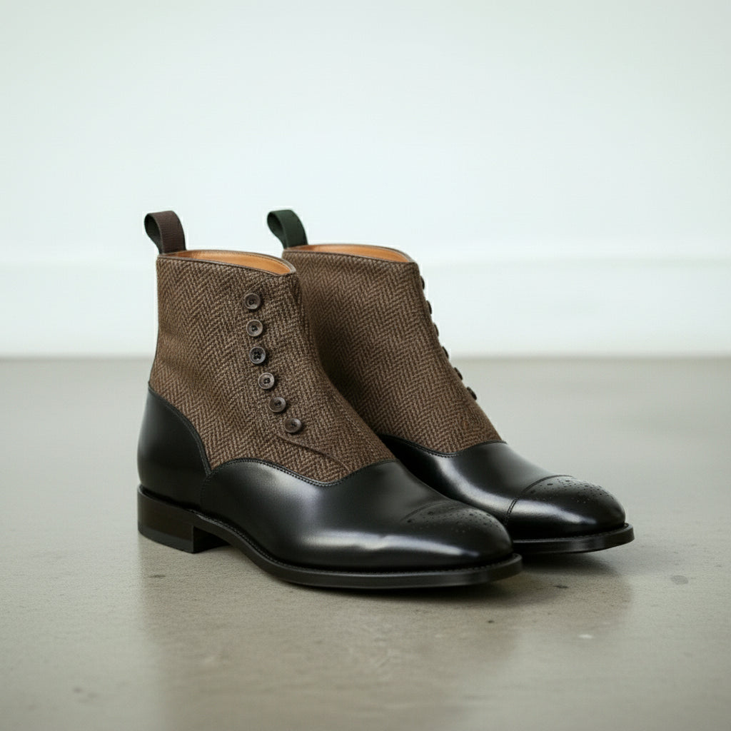 Men's Black Button Leather Boots