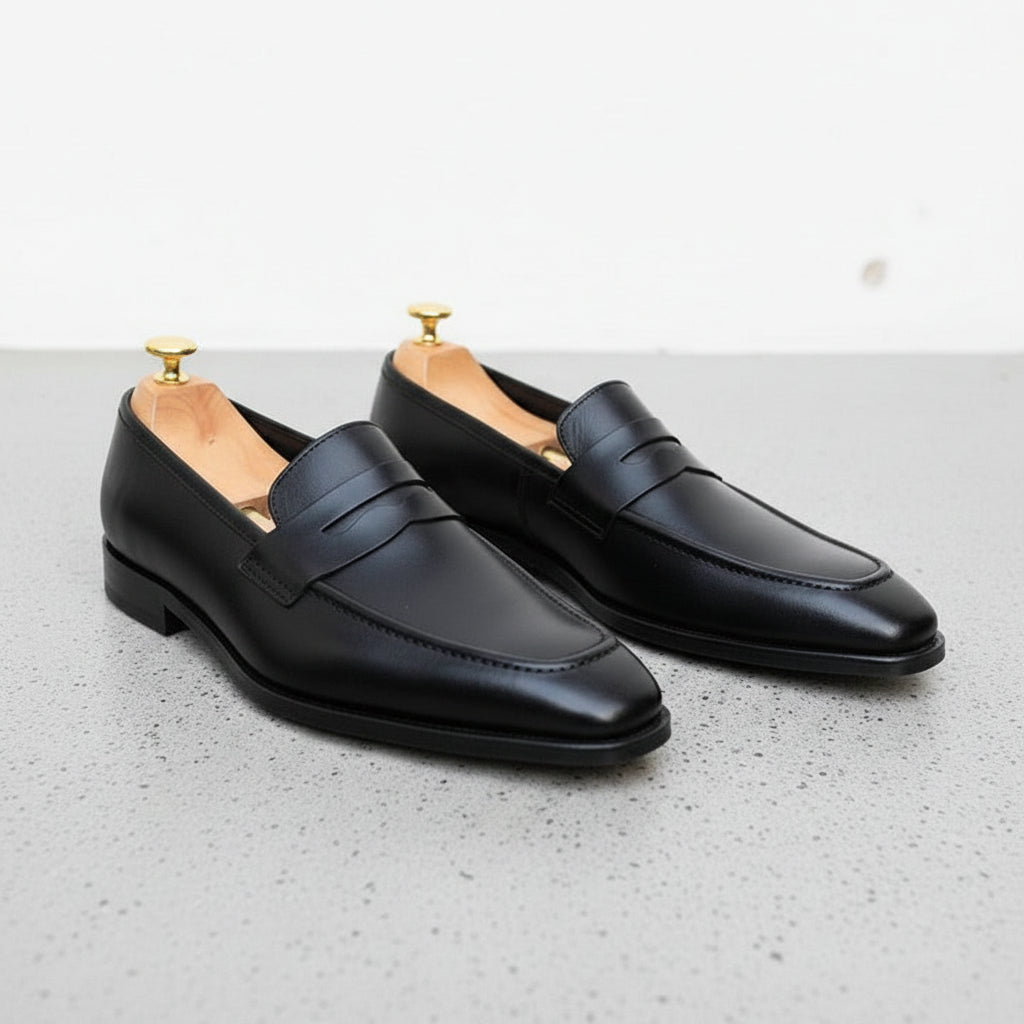 Men's Black Apron-Toe Leather Penny Loafers