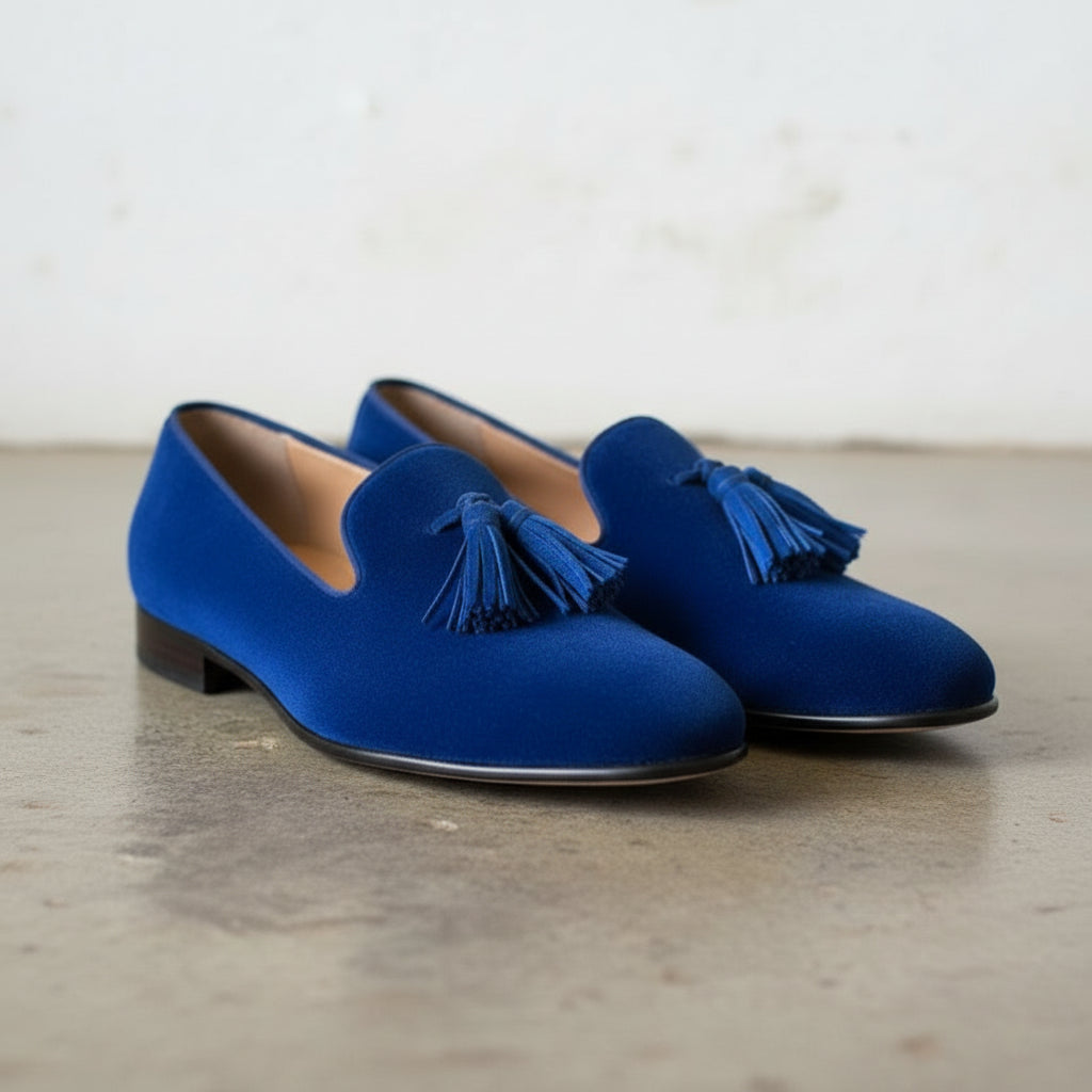 Men's Blue Plain-Toe Suede Tassel Loafers