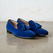 Men's Blue Plain-Toe Suede Tassel Loafers