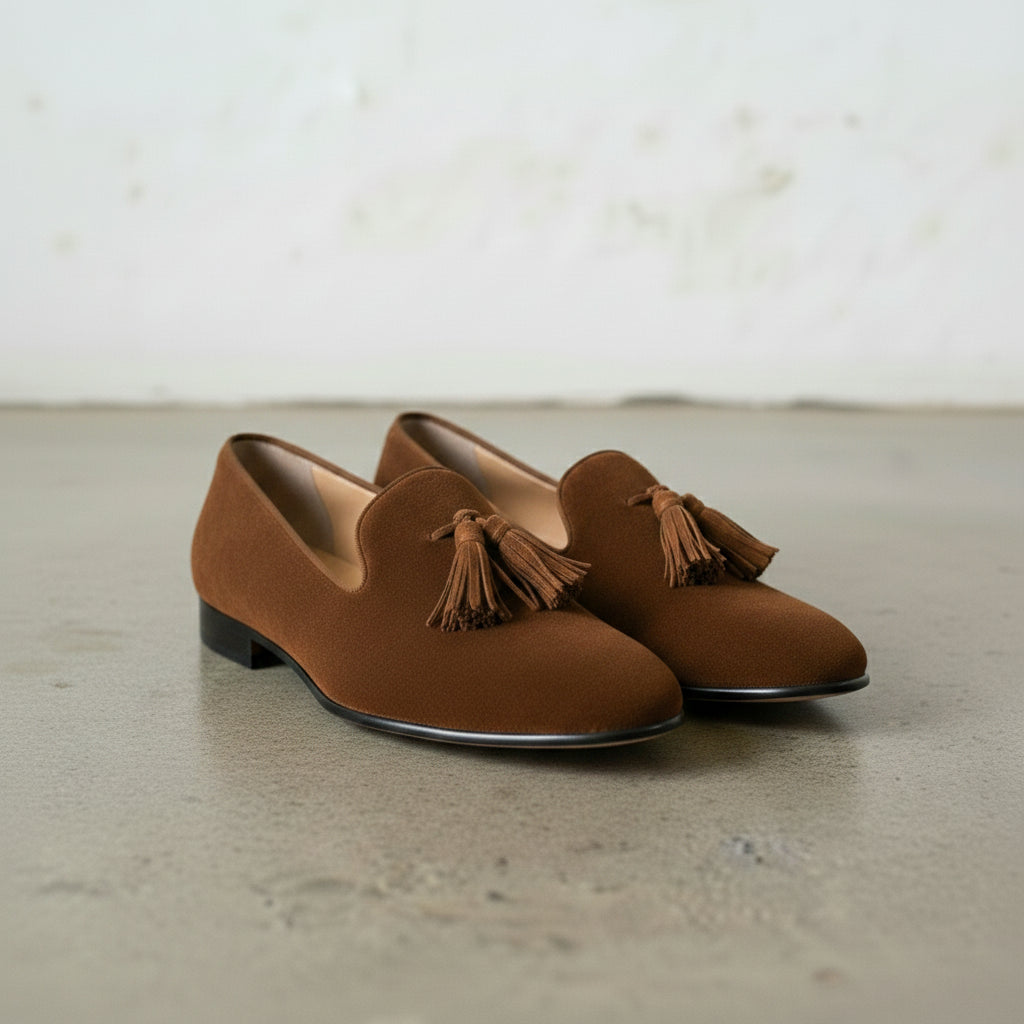 Men's Brown Plain-Toe Suede Tassel Loafers