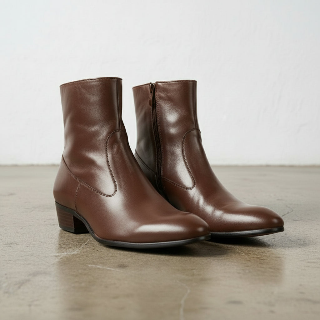 Handmade Men's Brown Ankle Leather Boot with Side Zipper