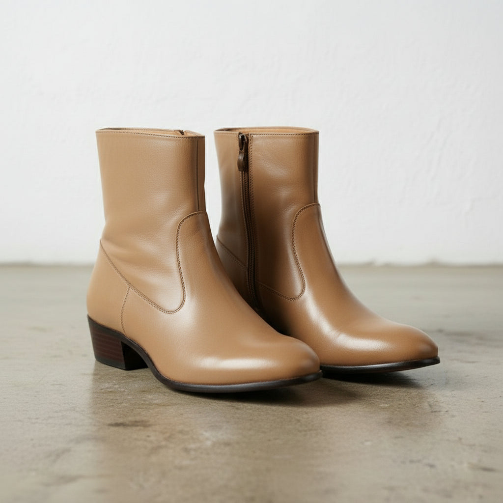 Handmade Men's Tan Ankle Leather Boot with Side Zipper