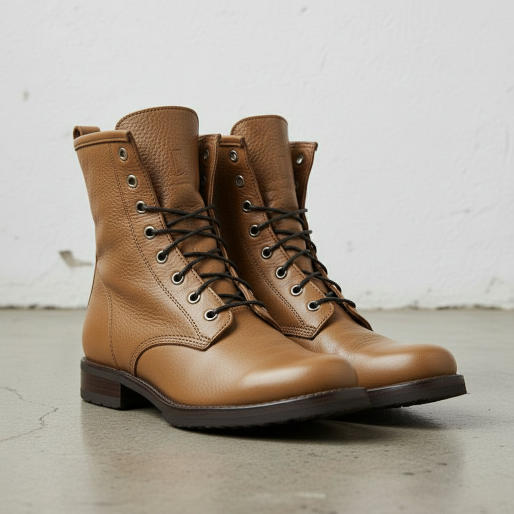 Men's Tan Plain-Toe Leather Combat Boots