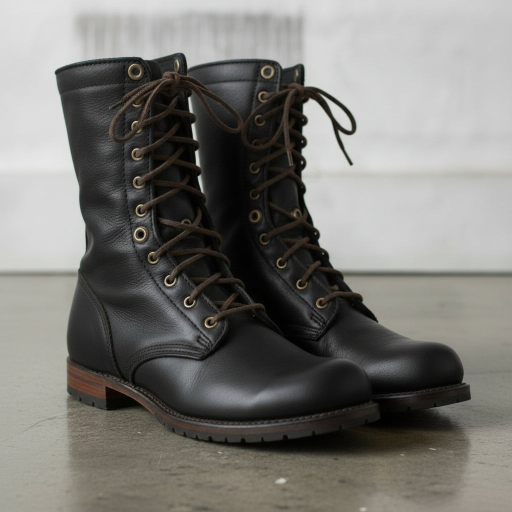 Men's Black Plain-Toe Leather Combat Boots