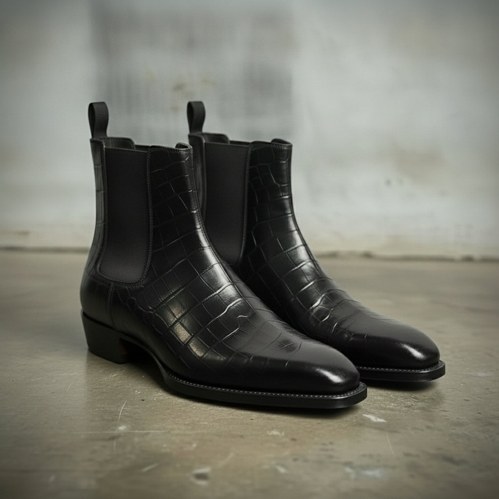 Men's Black Crocodile-Embossed Leather Chelsea Boots