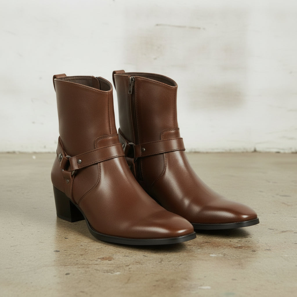 Men's Brown Plain-Toe Leather Ankle Biker Boots