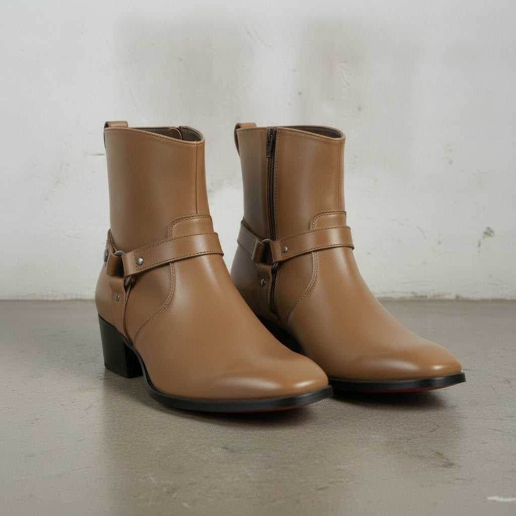 Men's Tan Plain-Toe Leather Ankle Biker Boots