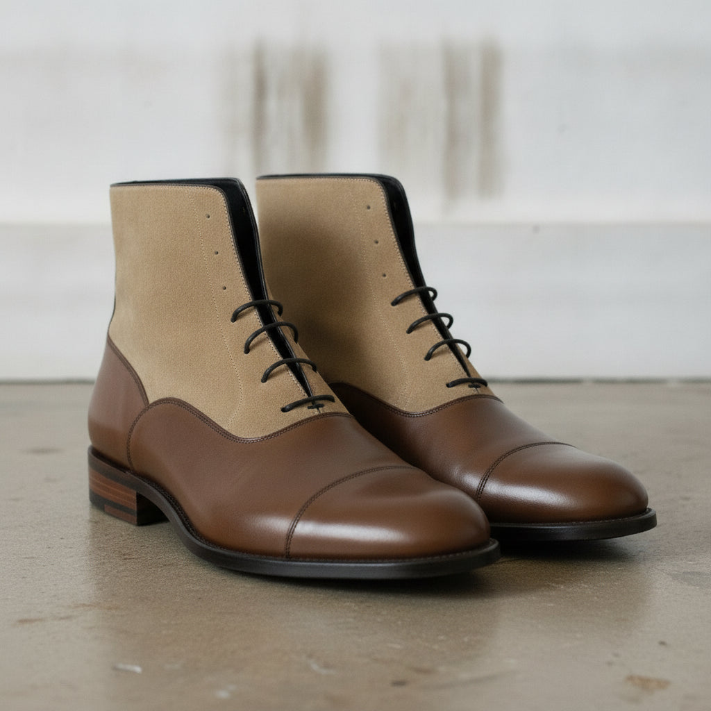 Men's Brown and Tan Cap-Toe Leather Lace-Up Boots