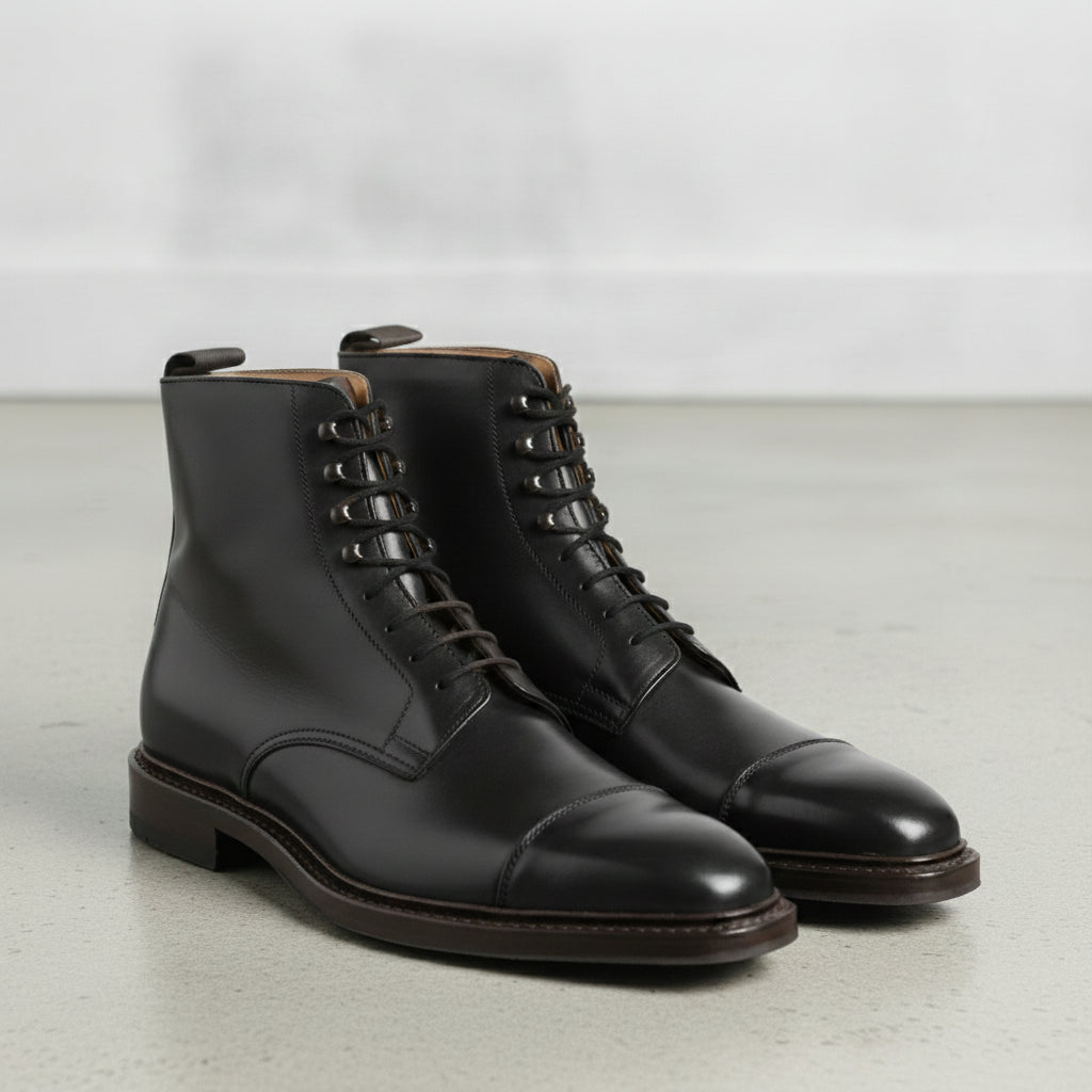 Men's Black Cap-Toe Leather Derby Ankle Boots