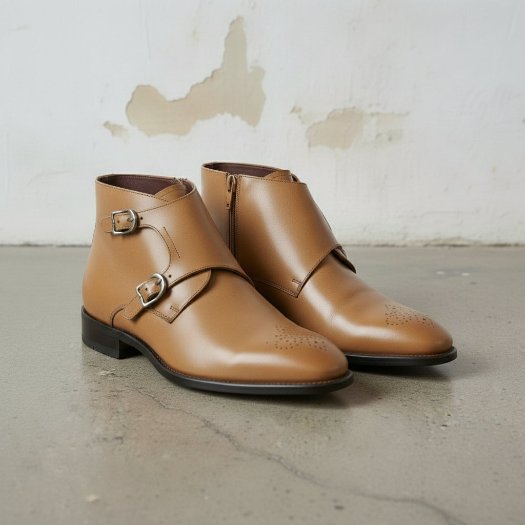 Men's Tan Plain-Toe Leather Double Monk Boots