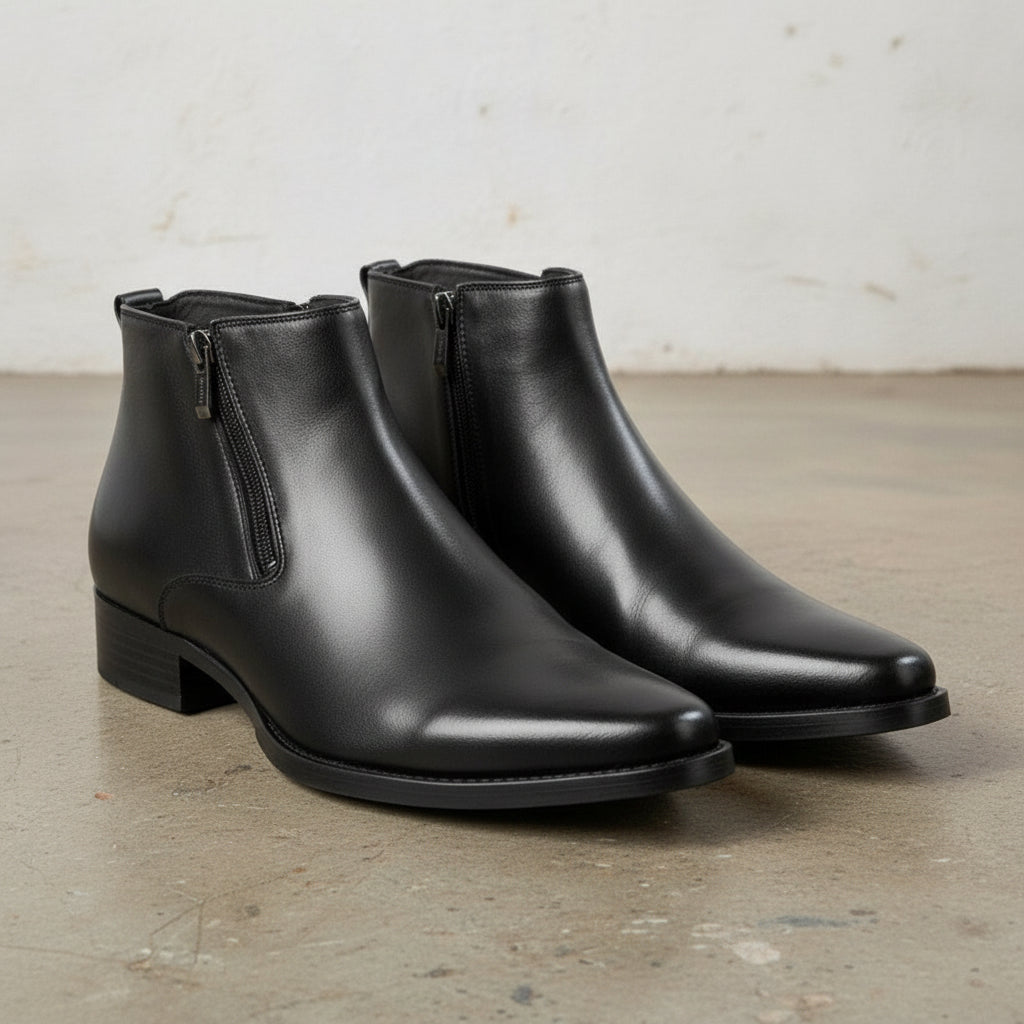 Men's Black Plain-Toe Leather Ankle Boots
